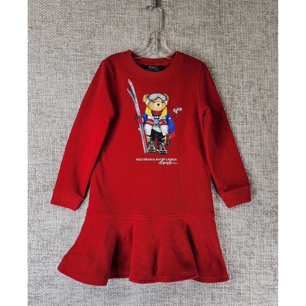 Polo Ralph Lauren Ski Bear Sweatshirt Dress Girls 6 Red Long Sleeve Ruffle *Flaw